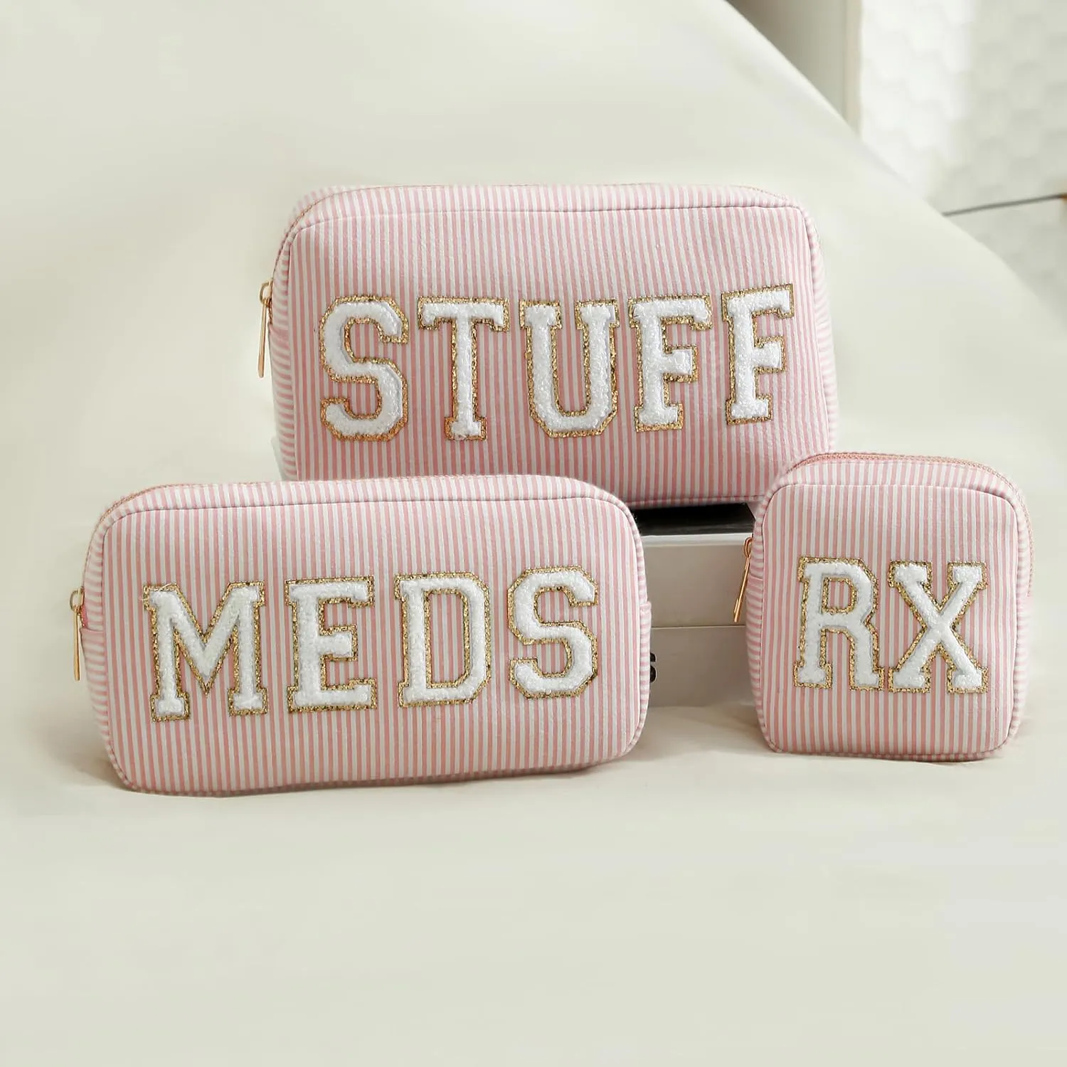 uekeboag Seersucker Chenille Letter Stuff Meds RX Makeup Bag, Travel Washable Purse Organizer with Zipper, Lightweight Toiletry Cute Personalized Preppy Cosmetic Bag For Women and Girls(3pcs Pink)