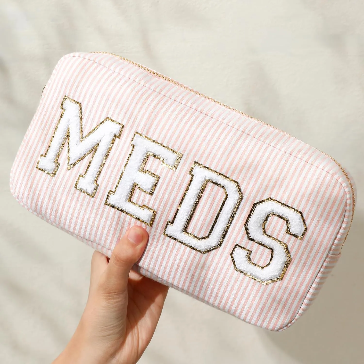 uekeboag Seersucker Chenille Letter Stuff Meds RX Makeup Bag, Travel Washable Purse Organizer with Zipper, Lightweight Toiletry Cute Personalized Preppy Cosmetic Bag For Women and Girls(3pcs Pink)