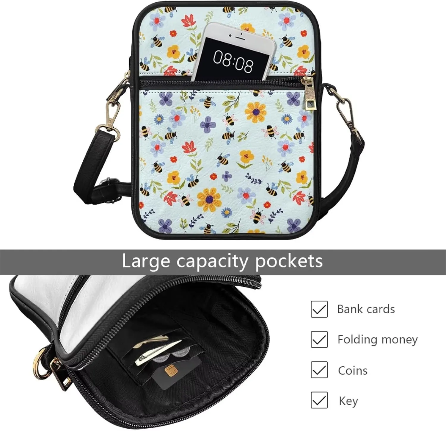 Unisex Leather Purse, Handbag Portable Crossbody Bag with Inside Card Slots Fashion Prints for Easter & Daily Uses