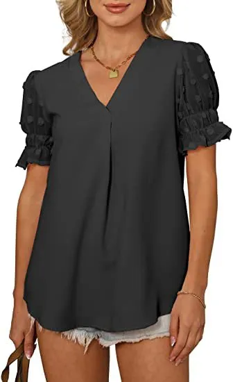 V-Neck Short Sleeve Pom Pom Loose Fitting Blouse