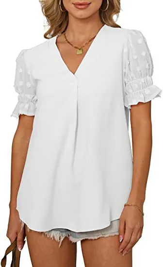 V-Neck Short Sleeve Pom Pom Loose Fitting Blouse