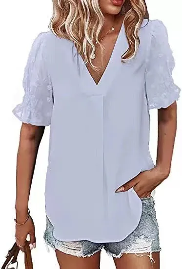 V-Neck Short Sleeve Pom Pom Loose Fitting Blouse