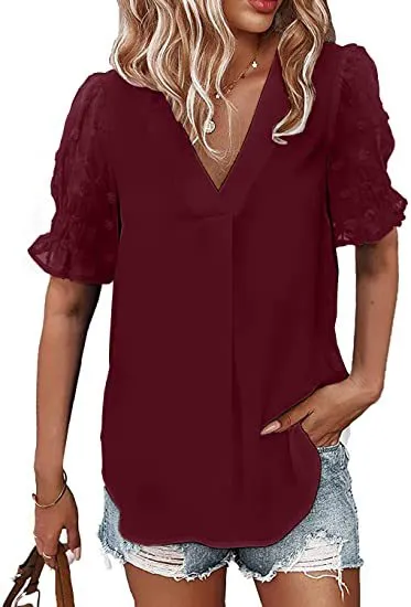 V-Neck Short Sleeve Pom Pom Loose Fitting Blouse
