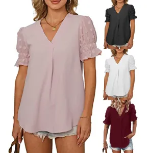 V-Neck Short Sleeve Pom Pom Loose Fitting Blouse