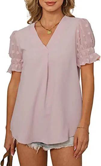 V-Neck Short Sleeve Pom Pom Loose Fitting Blouse