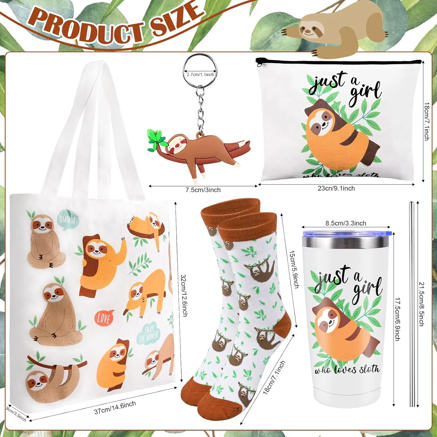 VAIPI 5 Pcs Sloth Gifts for Women Girls Sloth Stuff Include 20 Oz Sloth Stainless Steel Tumbler Sloths Canvas Bags Cute Socks Funny Keychain Birthday Christmas Gifts for Her Sloth Lover