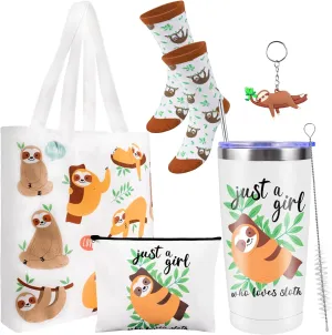 VAIPI 5 Pcs Sloth Gifts for Women Girls Sloth Stuff Include 20 Oz Sloth Stainless Steel Tumbler Sloths Canvas Bags Cute Socks Funny Keychain Birthday Christmas Gifts for Her Sloth Lover
