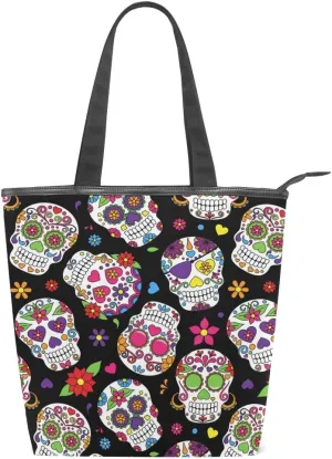 Vdsrup Funny Flower Daisy Sugar Skull Tote bag Handbag Florals Rose Lightweight Zipper Shoulder Canvas Bag Casual Handle Heavy Shopping Grocery Bags for Women Girls Beach Work School