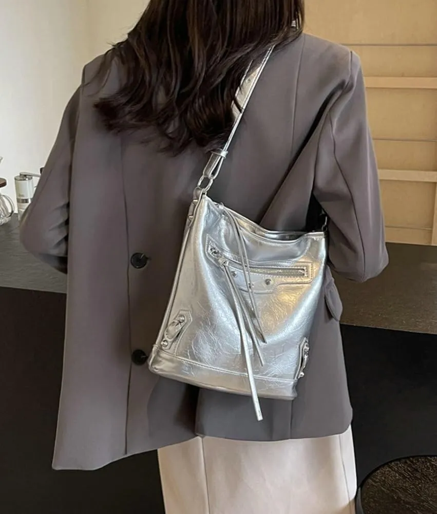 Vegan Leather Hobo & Crossbody Shoulder Bag for Womens Bucket Handbag Featuring a Zipper Top Handle Tote Design