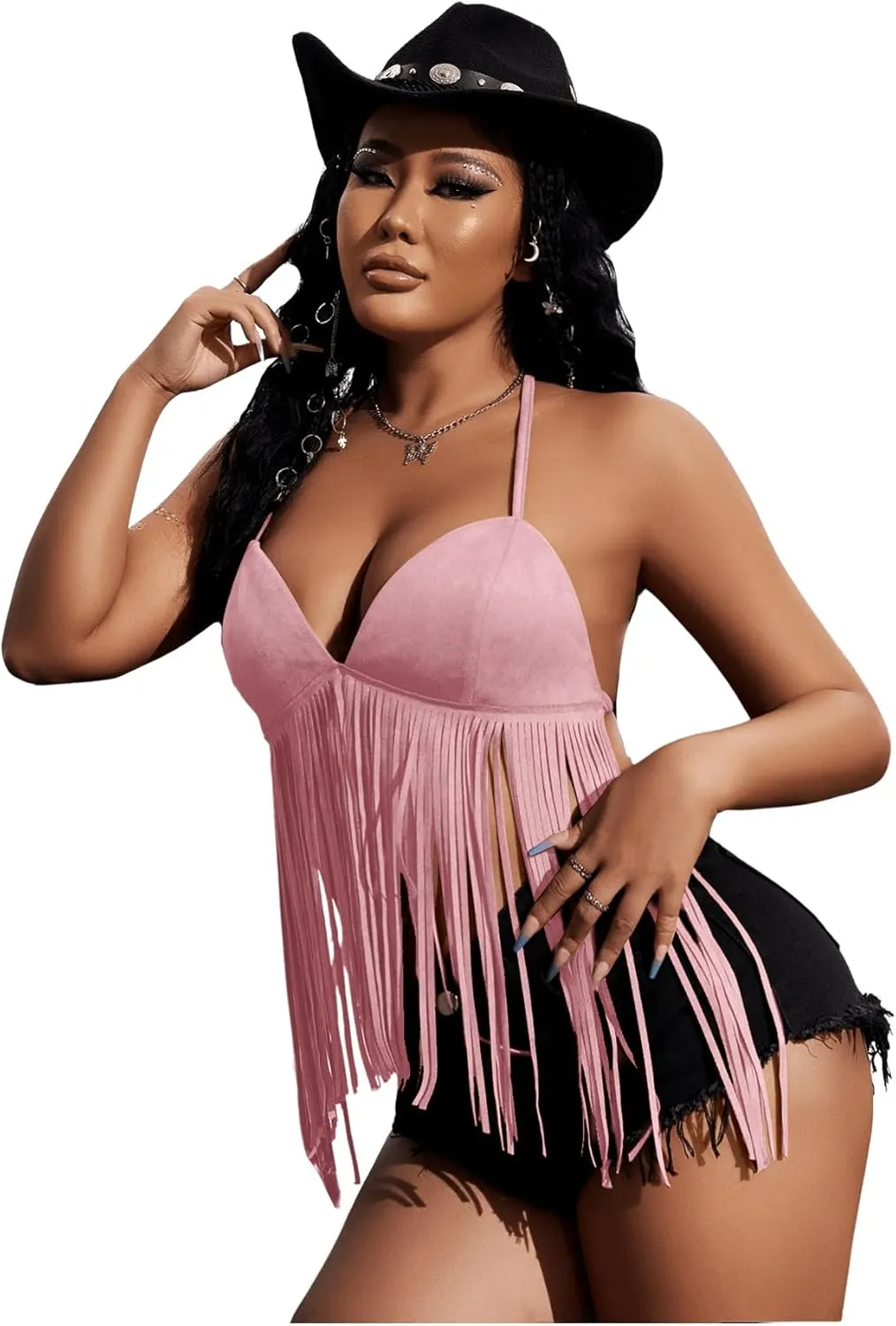 Verdusa Women's Fringe Tied Backless Deep V Neck Suede Halter Top