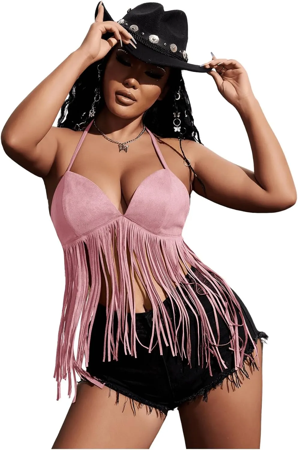 Verdusa Women's Fringe Tied Backless Deep V Neck Suede Halter Top