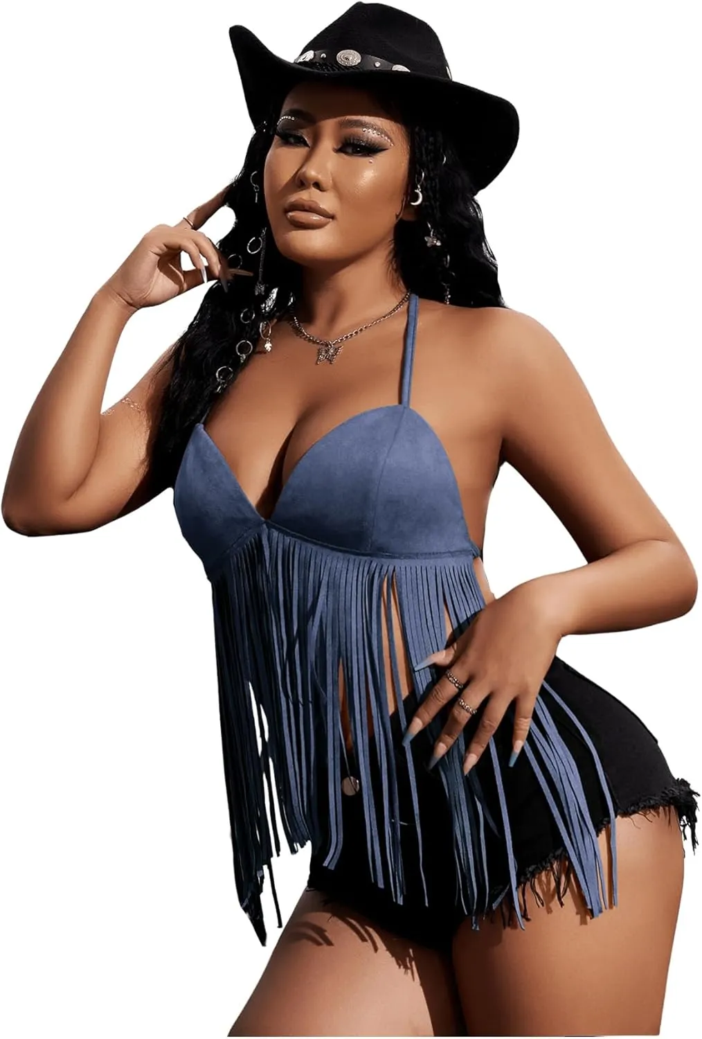 Verdusa Women's Fringe Tied Backless Deep V Neck Suede Halter Top