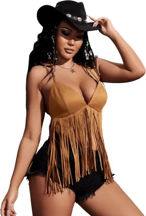 Verdusa Women's Fringe Tied Backless Deep V Neck Suede Halter Top