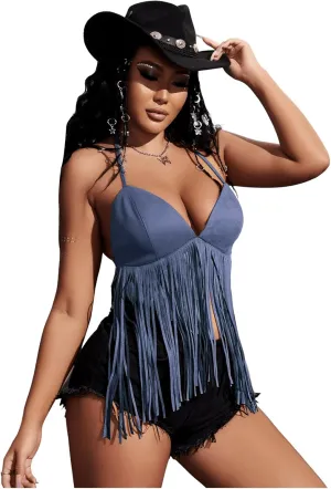 Verdusa Women's Fringe Tied Backless Deep V Neck Suede Halter Top