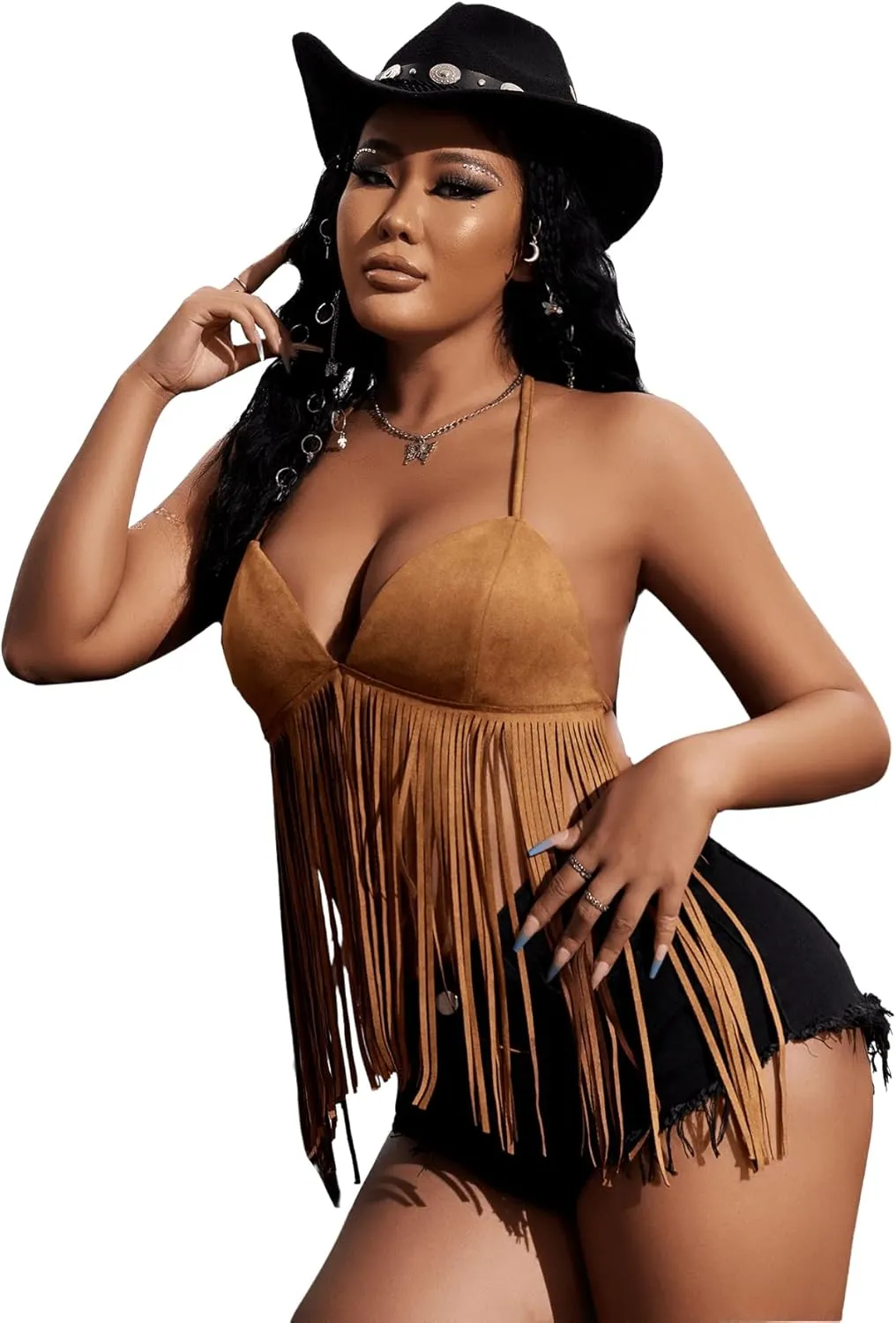 Verdusa Women's Fringe Tied Backless Deep V Neck Suede Halter Top