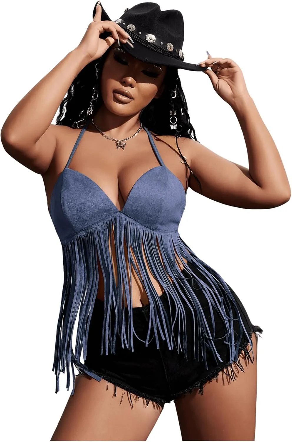 Verdusa Women's Fringe Tied Backless Deep V Neck Suede Halter Top