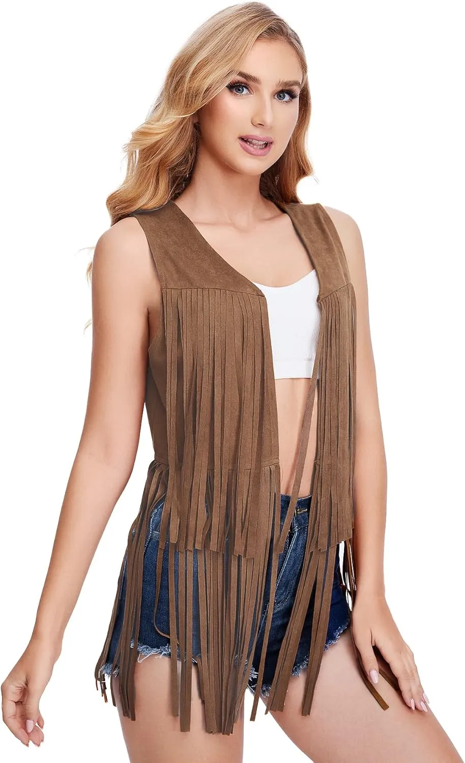 Verdusa Women's Tassel Sleeveless Vest 70s Hippie Faux Suede Fringe Jacket Cardigan