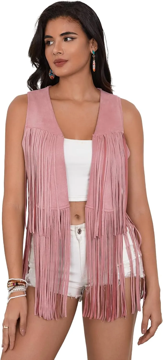Verdusa Women's Tassel Sleeveless Vest 70s Hippie Faux Suede Fringe Jacket Cardigan