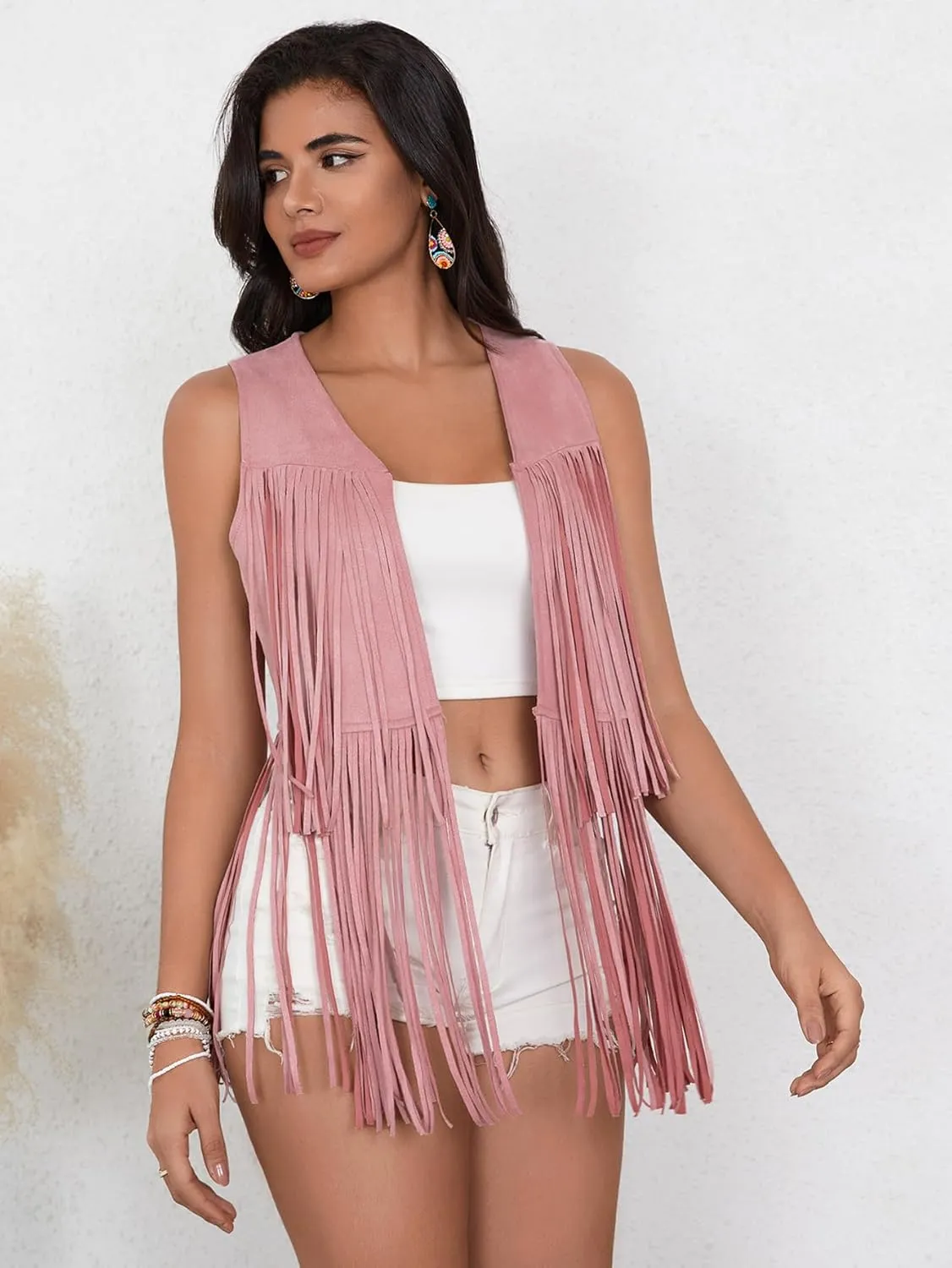 Verdusa Women's Tassel Sleeveless Vest 70s Hippie Faux Suede Fringe Jacket Cardigan