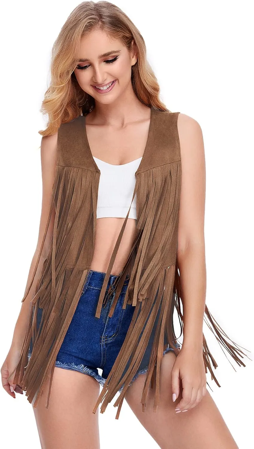 Verdusa Women's Tassel Sleeveless Vest 70s Hippie Faux Suede Fringe Jacket Cardigan