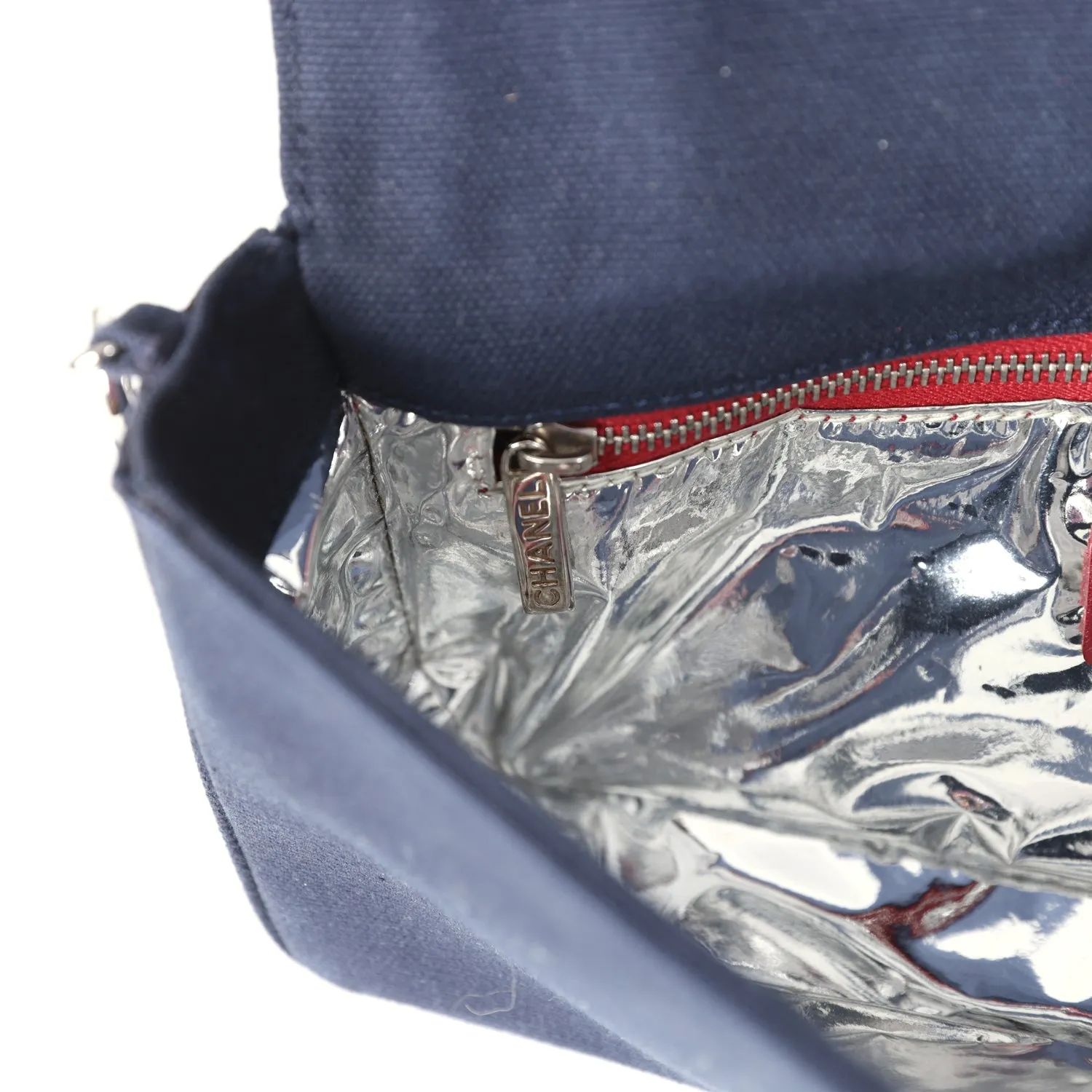 Vintage Chanel N0.5 Chain Shoulder Bag Navy, Silver, Red Canvas Silver Hardware
