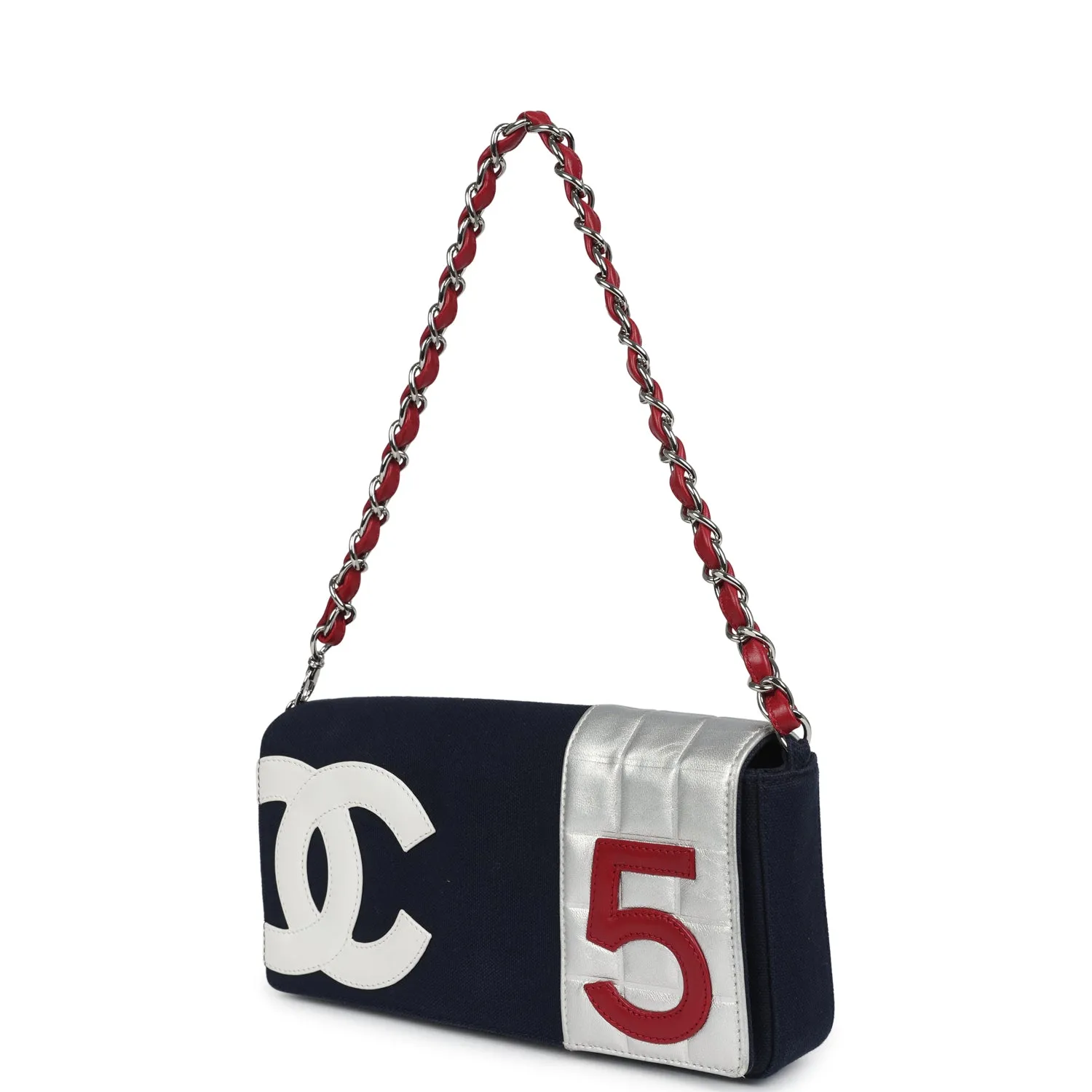 Vintage Chanel N0.5 Chain Shoulder Bag Navy, Silver, Red Canvas Silver Hardware