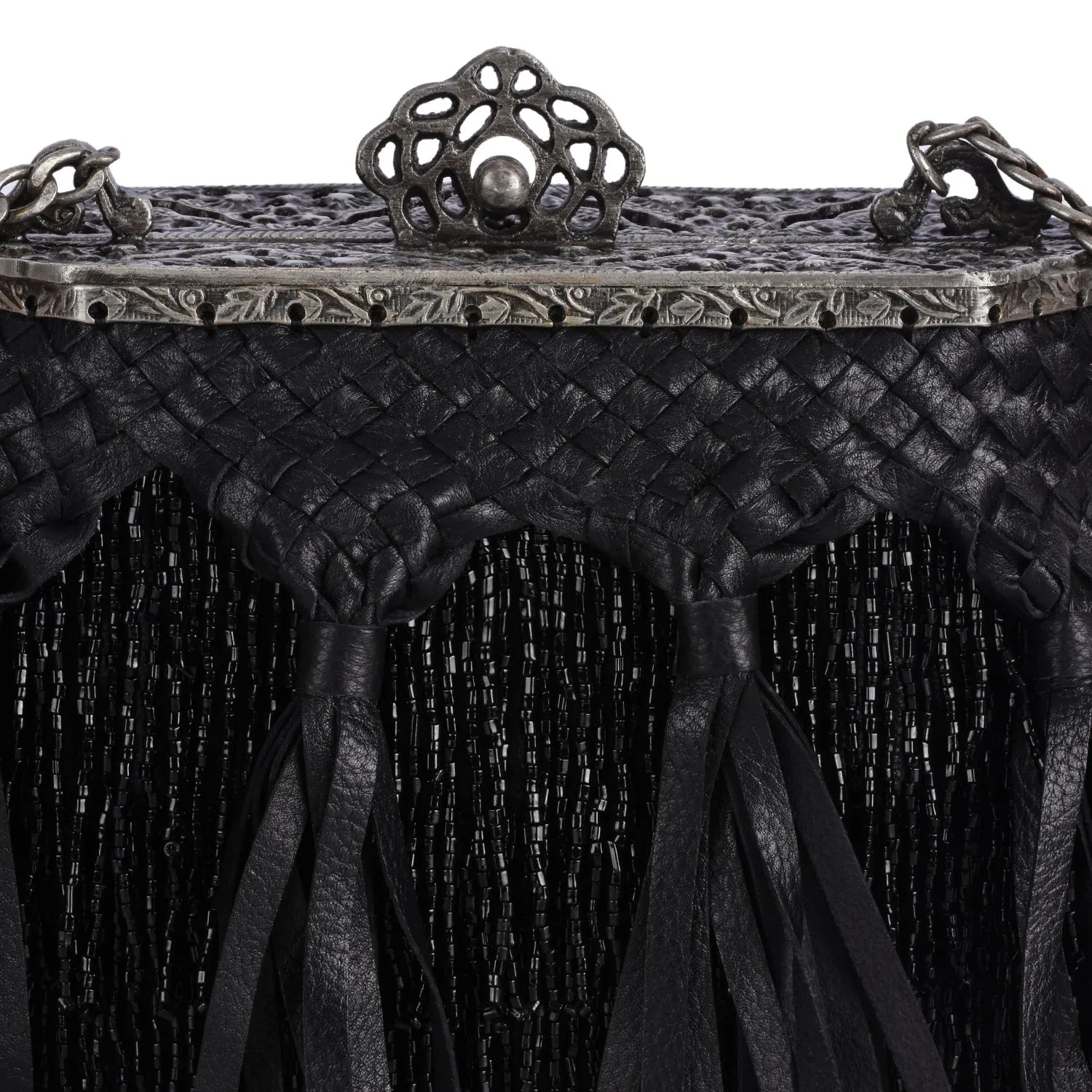 Vintage Frame Bag With Woven Leather & Beaded Fringe