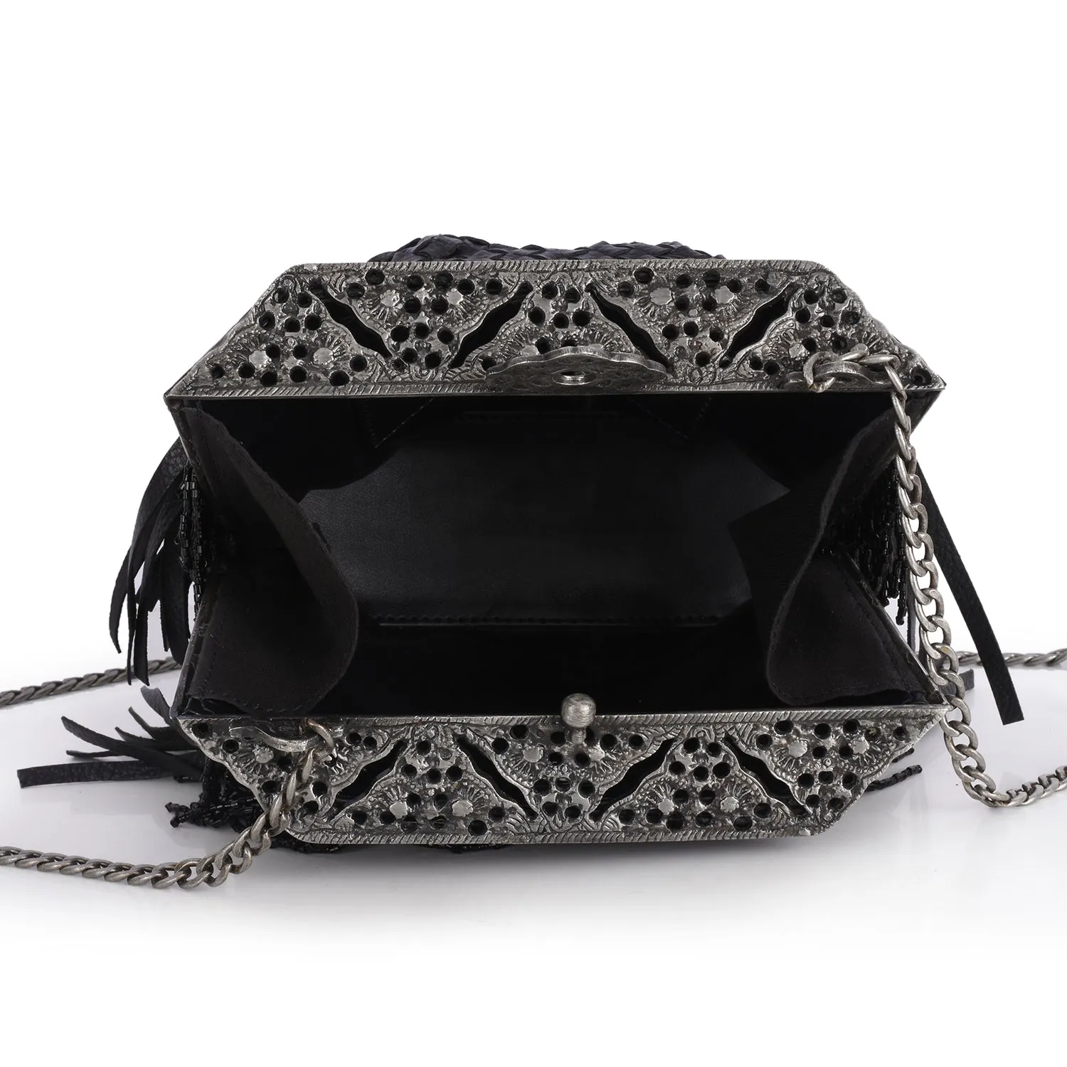 Vintage Frame Bag With Woven Leather & Beaded Fringe