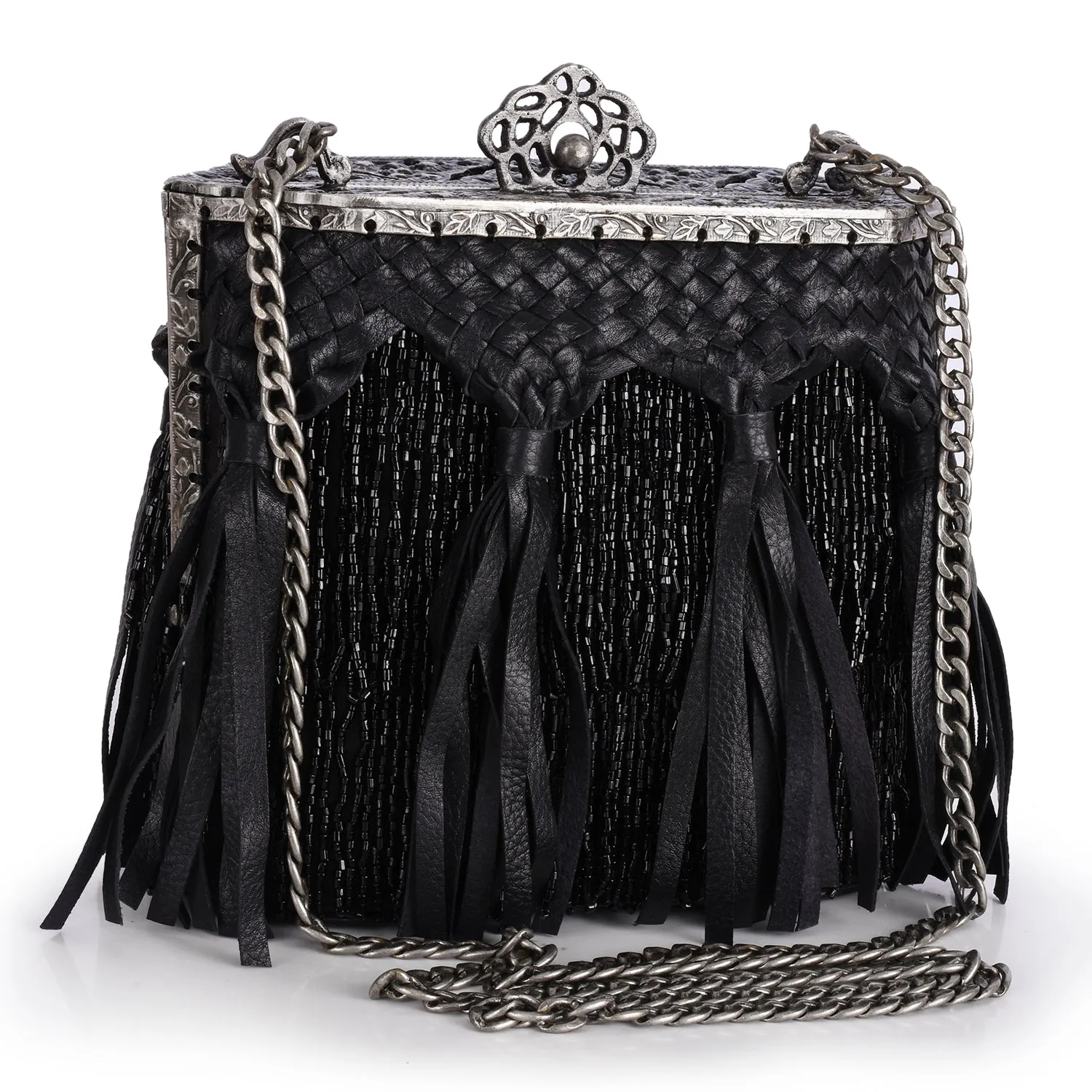 Vintage Frame Bag With Woven Leather & Beaded Fringe