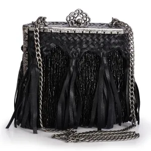 Vintage Frame Bag With Woven Leather & Beaded Fringe