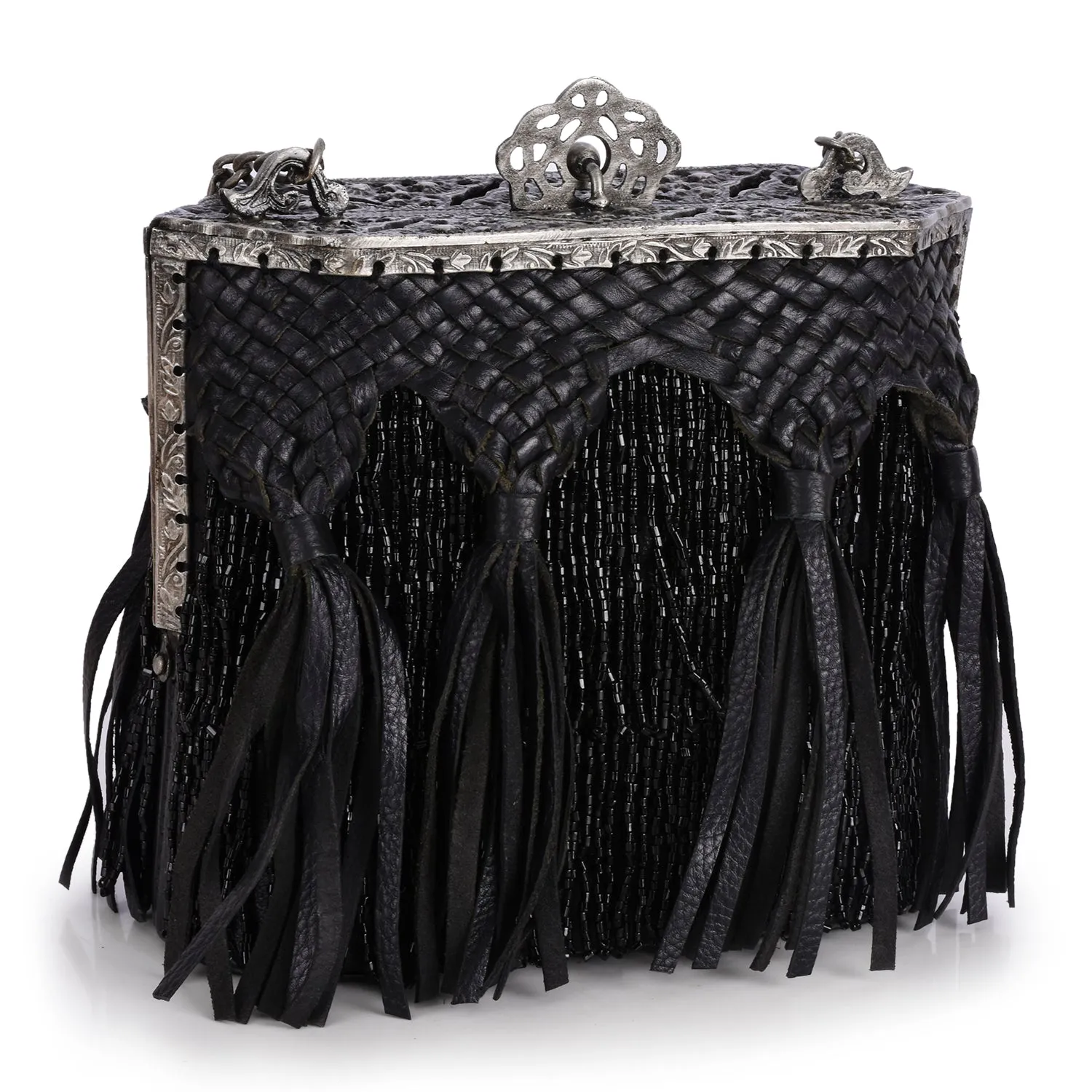 Vintage Frame Bag With Woven Leather & Beaded Fringe