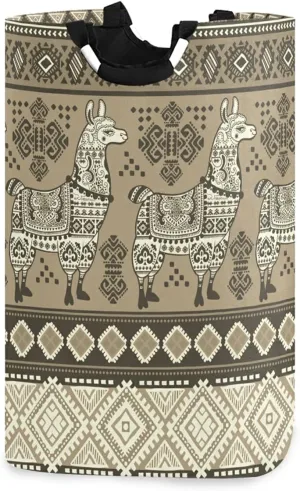 Vintage Retro Indian Tribal Ornament Llama Aztec Tattoo Laundry Hamper Basket Bucket, Foldable Dirty Clothes Bag, Waterproof Fabric Washing Bin, Toy Storage with Handles for Bathroom