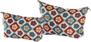 Vintage Turkish Floral Print Canvas Makeup Bag for Women Girls, Large Capacity Trendy Travel-Friendly Cosmetic Bag, Secure Metal Zipper Pouch Aesthetic Toiletry Bag Organizer (Set of 2)