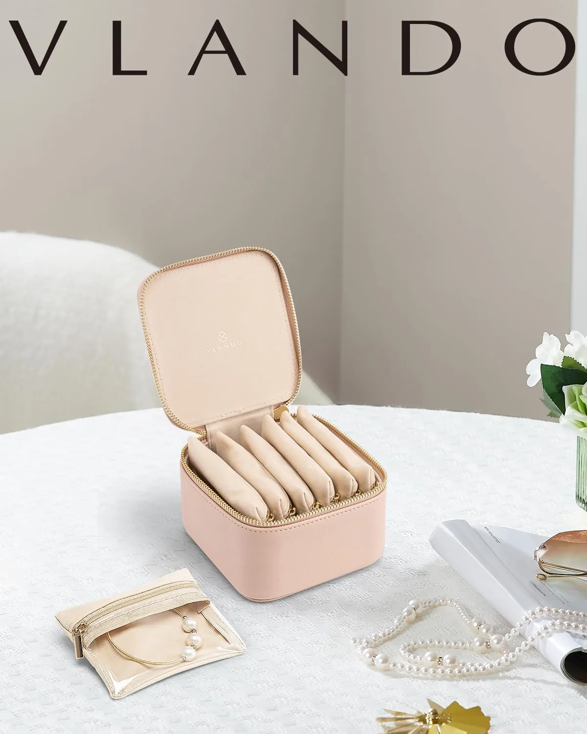 Vlando Travel Jewelry Organizer,Jewelry Travel Case with 6 Velvet Zipper Jewelry Bags Gift Ideas for Birthday Wedding Graduation-Khaki