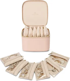 Vlando Travel Jewelry Organizer,Jewelry Travel Case with 6 Velvet Zipper Jewelry Bags Gift Ideas for Birthday Wedding Graduation-Khaki