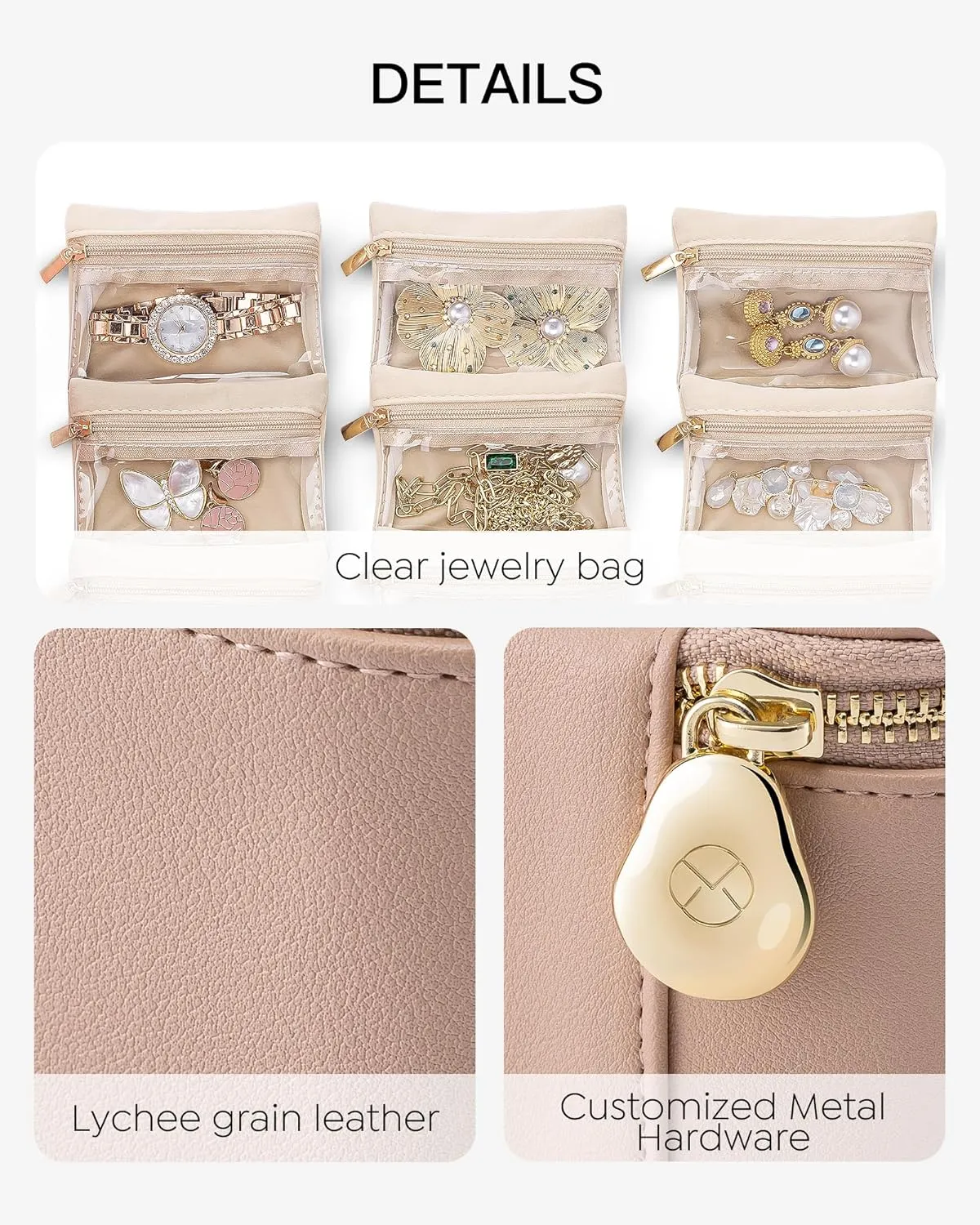 Vlando Travel Jewelry Organizer,Jewelry Travel Case with 6 Velvet Zipper Jewelry Bags Gift Ideas for Birthday Wedding Graduation-Khaki