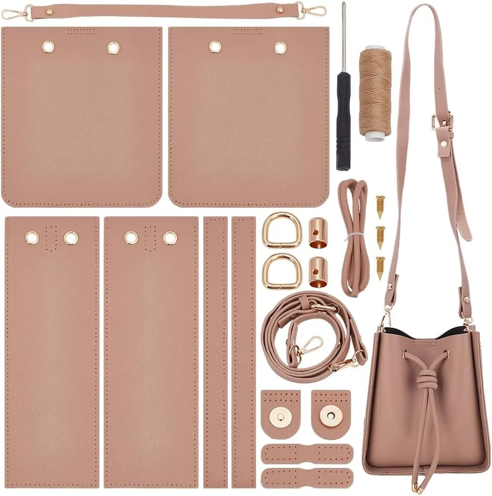 WADORN DIY Imitation Leather Bucket Bag Sewing Kit, Women Tote Bag Making Set Imitation Leather Crossbody Shoulder Bag Making Material Accessories for DIY Handmade Bag Craft, 8.6x7.8x3.9 Inch, Camel