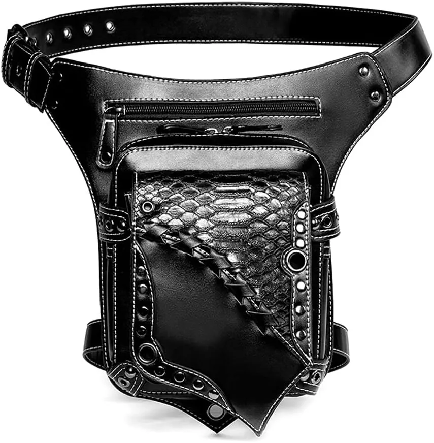 Waist bag,Women Girls Gothic Waist Bag PU Leather Steampunk Side Bag Travel Purse Black Crossbody PU Leather Bag Purse