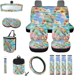 Wanyint Sea Turtle Plumeria Starfish Car Seat Cover Protector Set 15 PCS, with Steering Wheel Cover Seat Belt Pad Garbage Bag Air Vent Bag Rearview Mirror Cover Coasters Key Chain Fit Most Vehicles
