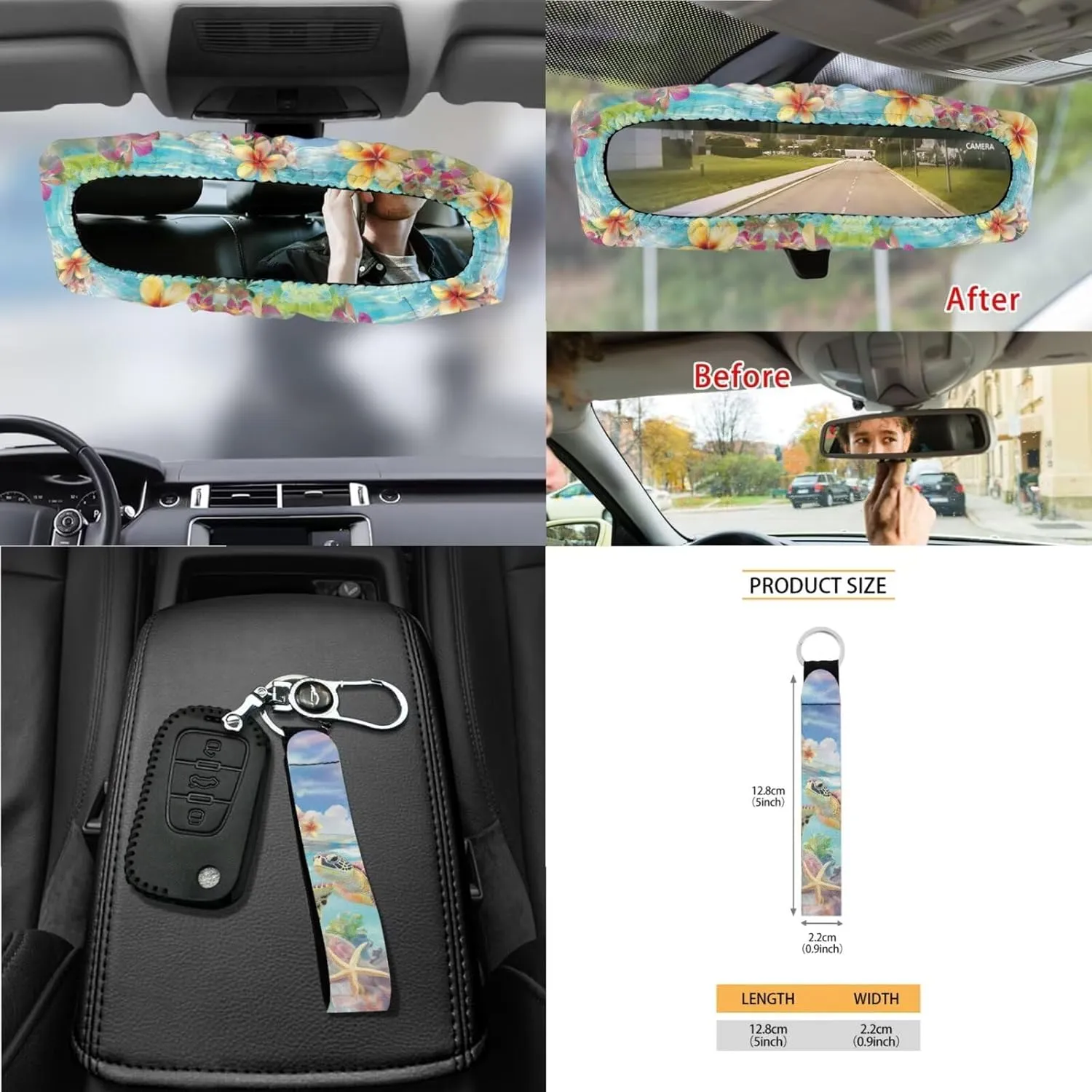 Wanyint Sea Turtle Plumeria Starfish Car Seat Cover Protector Set 15 PCS, with Steering Wheel Cover Seat Belt Pad Garbage Bag Air Vent Bag Rearview Mirror Cover Coasters Key Chain Fit Most Vehicles