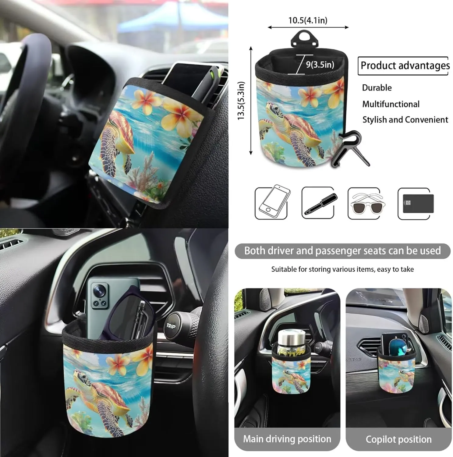 Wanyint Sea Turtle Plumeria Starfish Car Seat Cover Protector Set 15 PCS, with Steering Wheel Cover Seat Belt Pad Garbage Bag Air Vent Bag Rearview Mirror Cover Coasters Key Chain Fit Most Vehicles