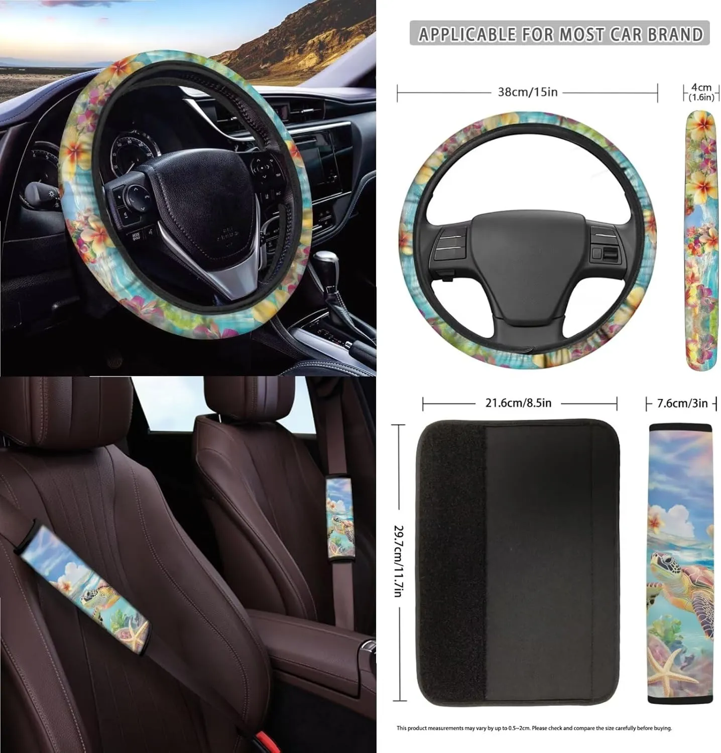 Wanyint Sea Turtle Plumeria Starfish Car Seat Cover Protector Set 15 PCS, with Steering Wheel Cover Seat Belt Pad Garbage Bag Air Vent Bag Rearview Mirror Cover Coasters Key Chain Fit Most Vehicles