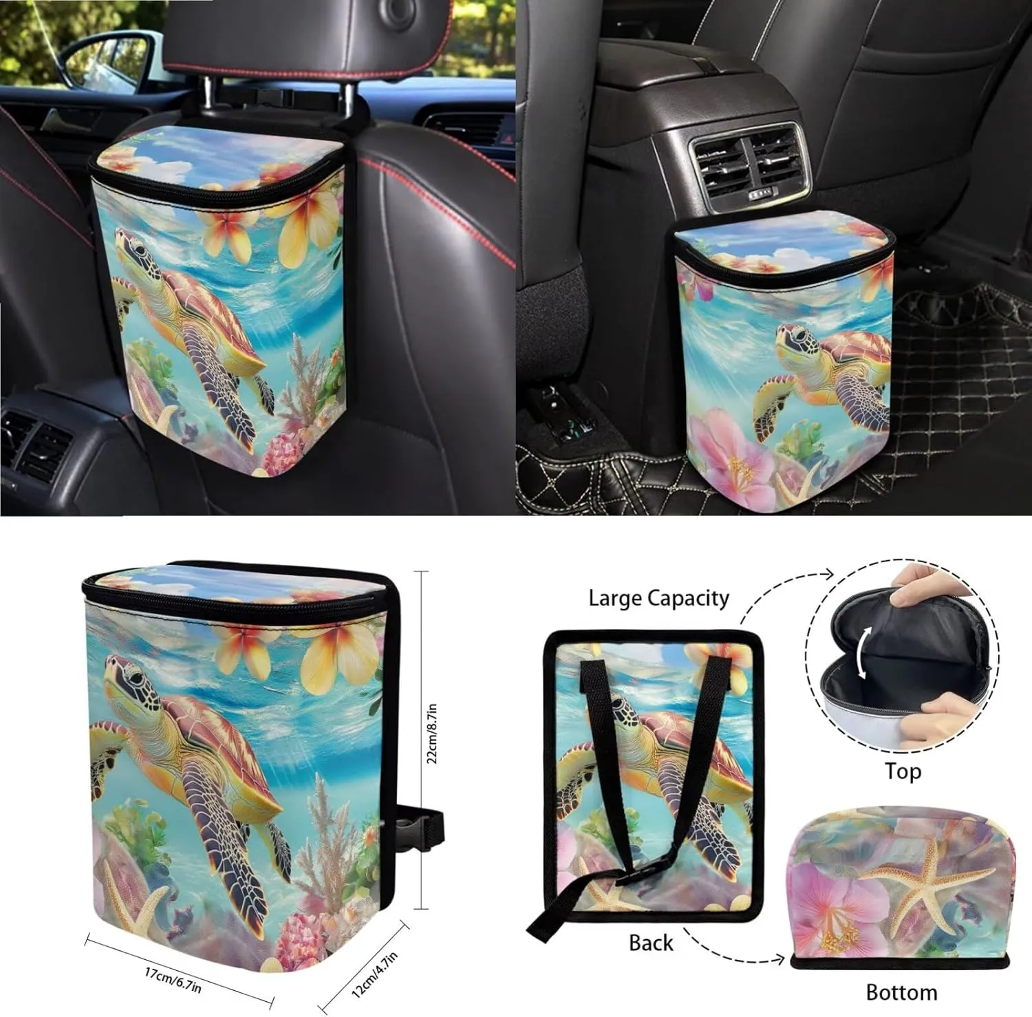 Wanyint Sea Turtle Plumeria Starfish Car Seat Cover Protector Set 15 PCS, with Steering Wheel Cover Seat Belt Pad Garbage Bag Air Vent Bag Rearview Mirror Cover Coasters Key Chain Fit Most Vehicles