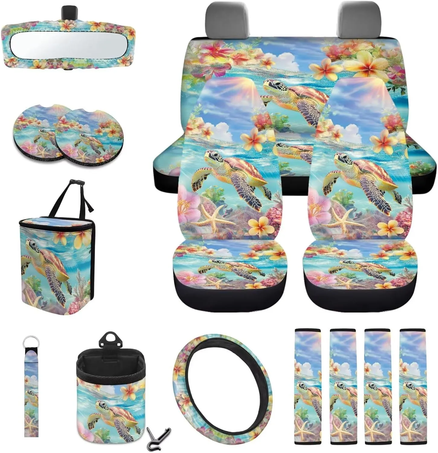 Wanyint Sea Turtle Plumeria Starfish Car Seat Cover Protector Set 15 PCS, with Steering Wheel Cover Seat Belt Pad Garbage Bag Air Vent Bag Rearview Mirror Cover Coasters Key Chain Fit Most Vehicles