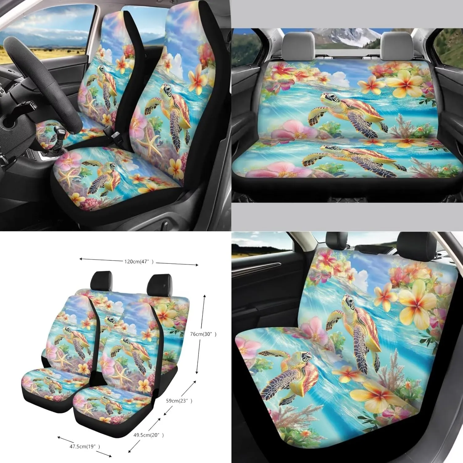 Wanyint Sea Turtle Plumeria Starfish Car Seat Cover Protector Set 15 PCS, with Steering Wheel Cover Seat Belt Pad Garbage Bag Air Vent Bag Rearview Mirror Cover Coasters Key Chain Fit Most Vehicles