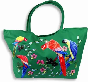 Water Resistant Jumbo Green Canvas Beach Tote Bag Parrot Bird Design Zipper Closure 24 x 15 x 6"