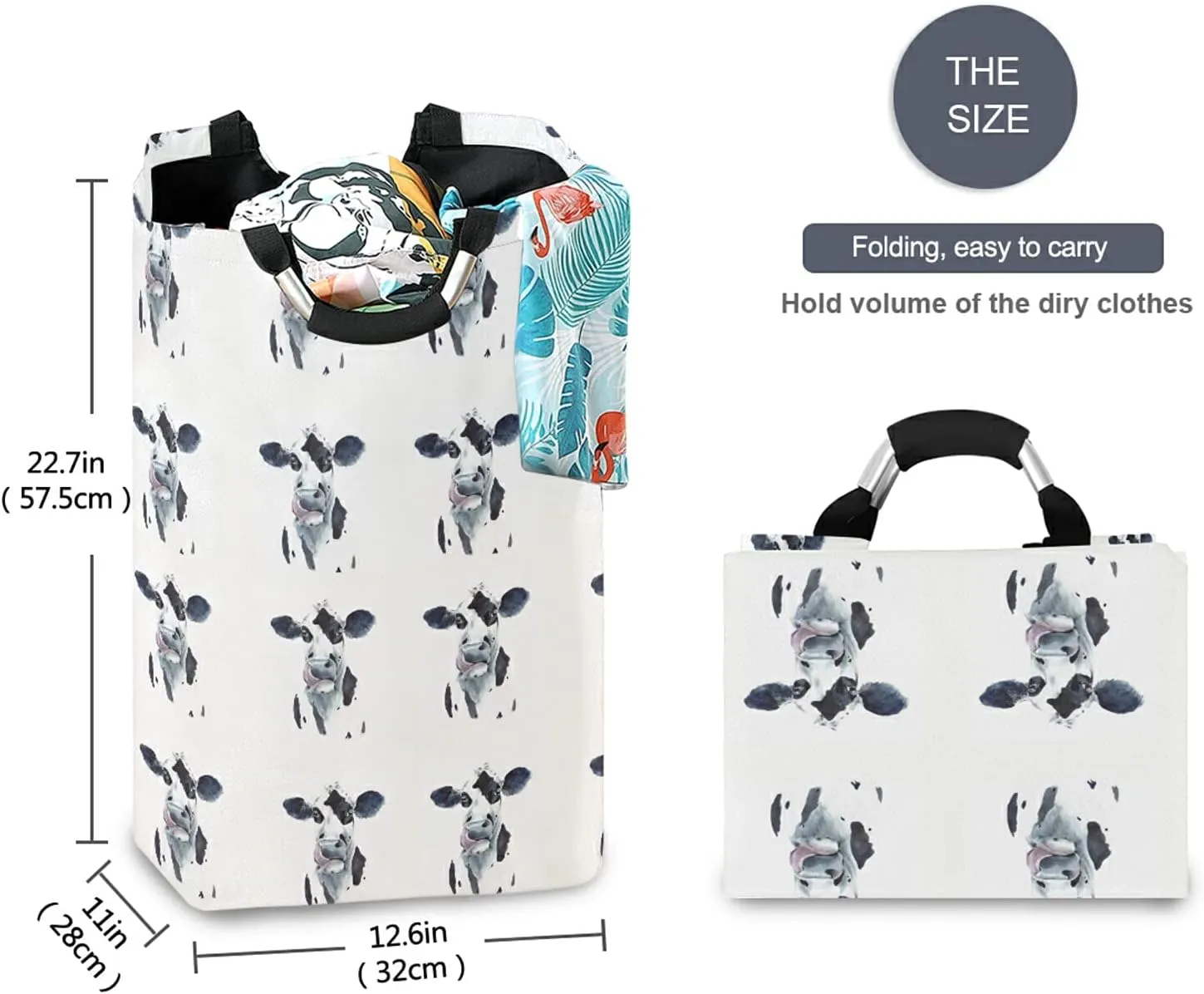 Watercolor Cow Head Portrait Black and White Farm Animal Laundry Hamper Basket Bucket, Foldable Dirty Clothes Bag, Waterproof Fabric Washing Bin, Toy Storage with Handles for Bathroom