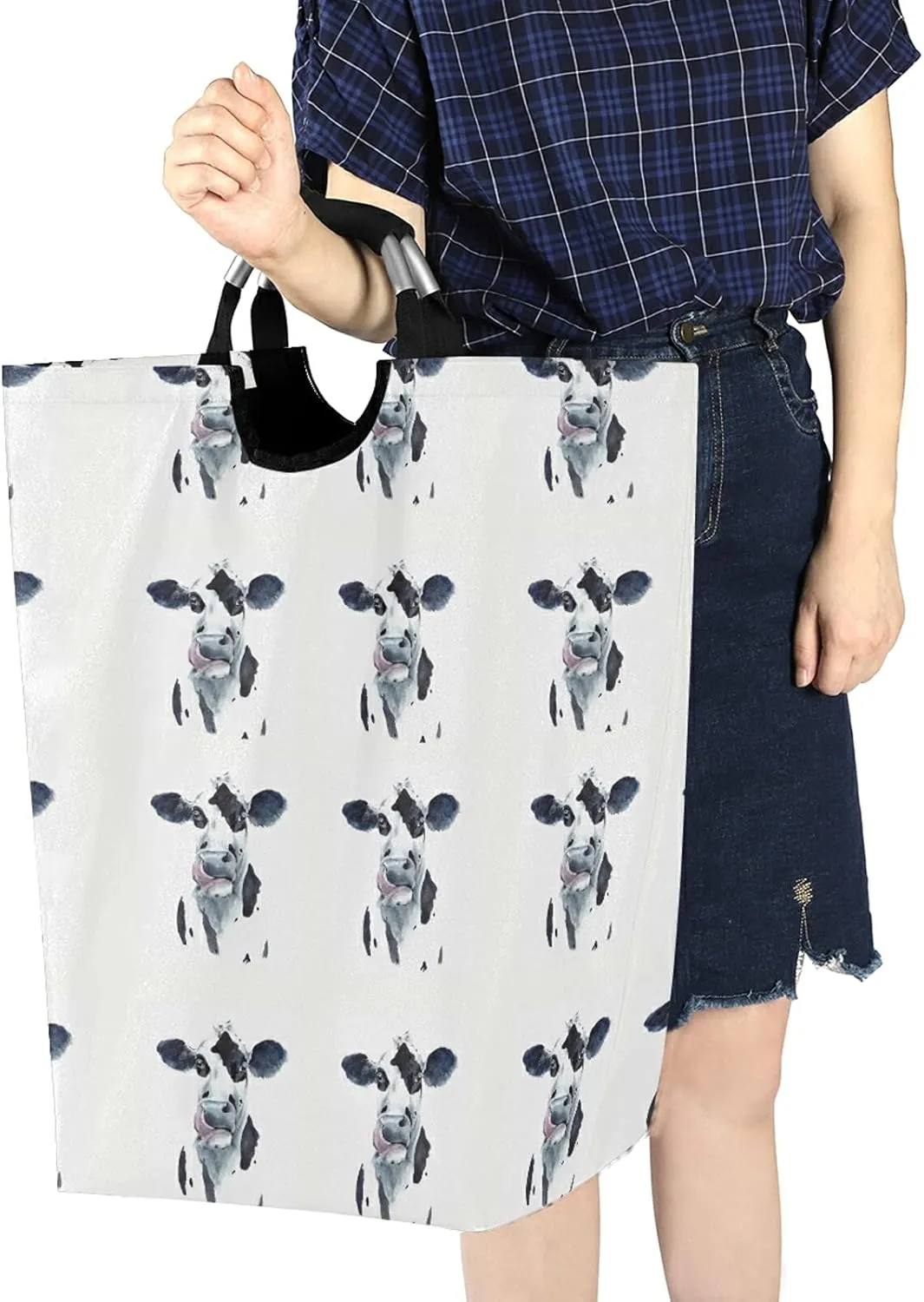 Watercolor Cow Head Portrait Black and White Farm Animal Laundry Hamper Basket Bucket, Foldable Dirty Clothes Bag, Waterproof Fabric Washing Bin, Toy Storage with Handles for Bathroom