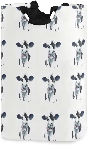 Watercolor Cow Head Portrait Black and White Farm Animal Laundry Hamper Basket Bucket, Foldable Dirty Clothes Bag, Waterproof Fabric Washing Bin, Toy Storage with Handles for Bathroom