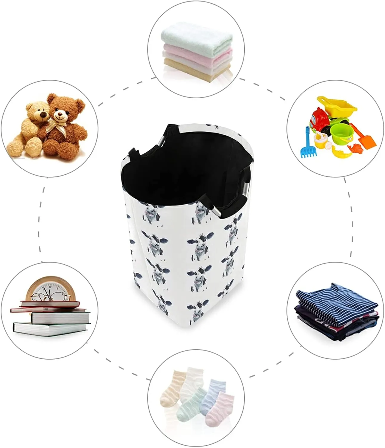 Watercolor Cow Head Portrait Black and White Farm Animal Laundry Hamper Basket Bucket, Foldable Dirty Clothes Bag, Waterproof Fabric Washing Bin, Toy Storage with Handles for Bathroom